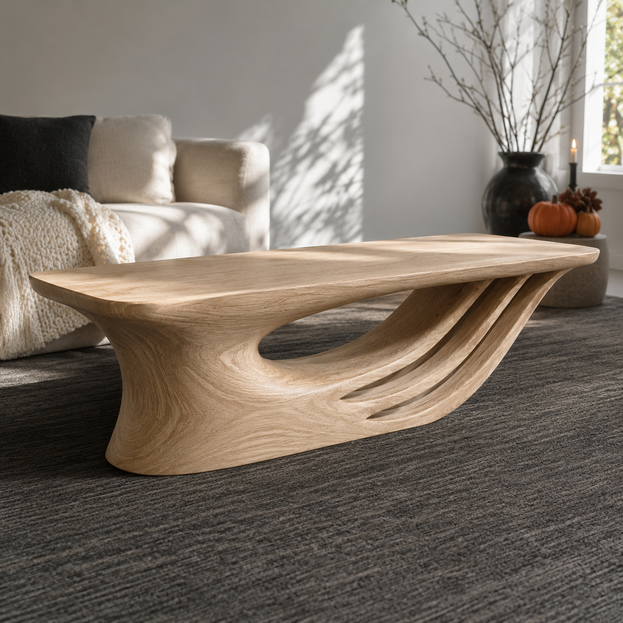 Curvara Sculptural Base Solid Wood Coffee Table For Living Room