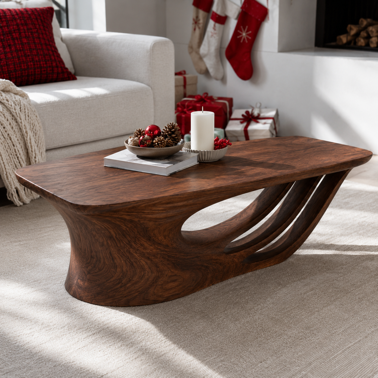 Curvara Sculptural Base Solid Wood Coffee Table For Living Room