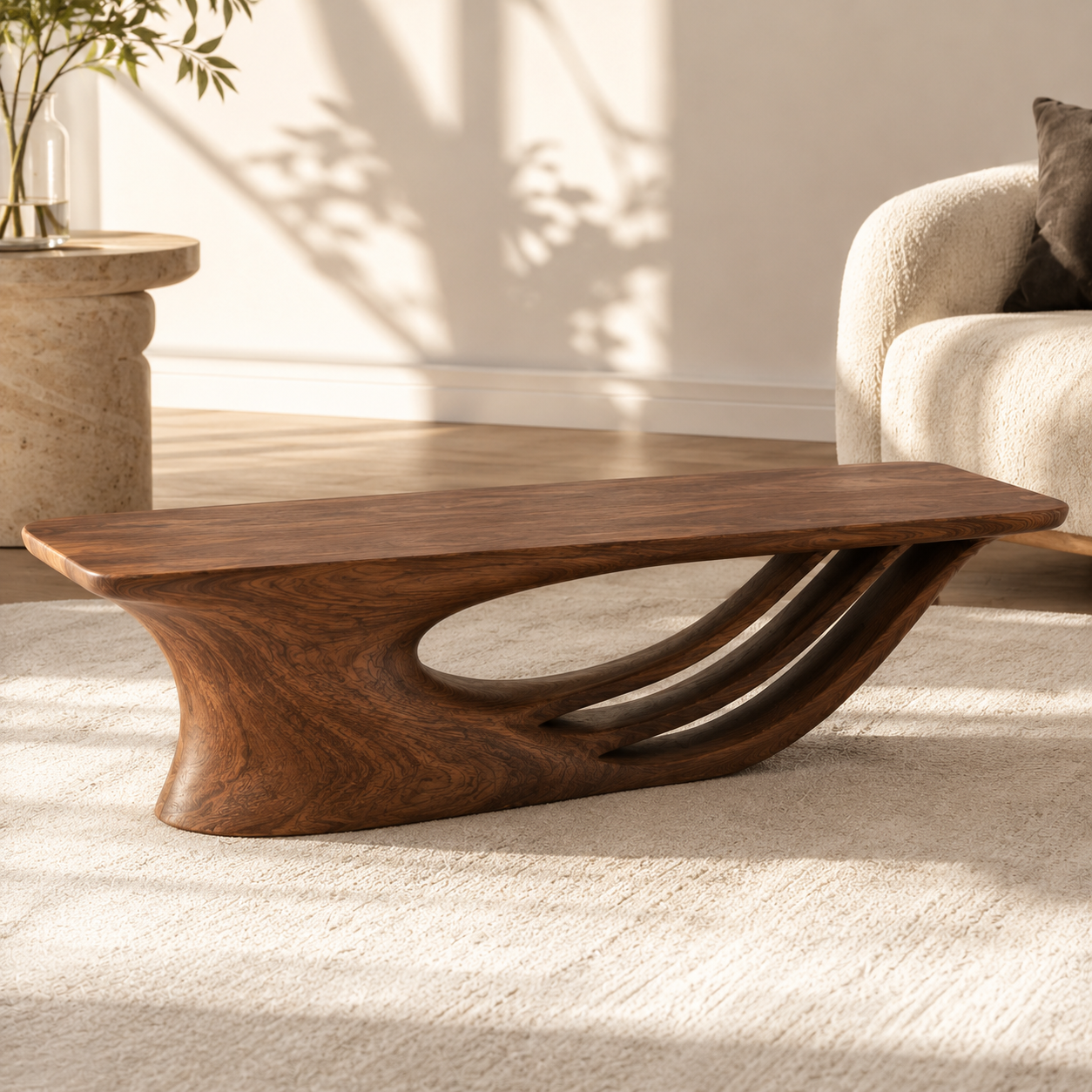 Curvara Sculptural Base Solid Wood Coffee Table For Living Room