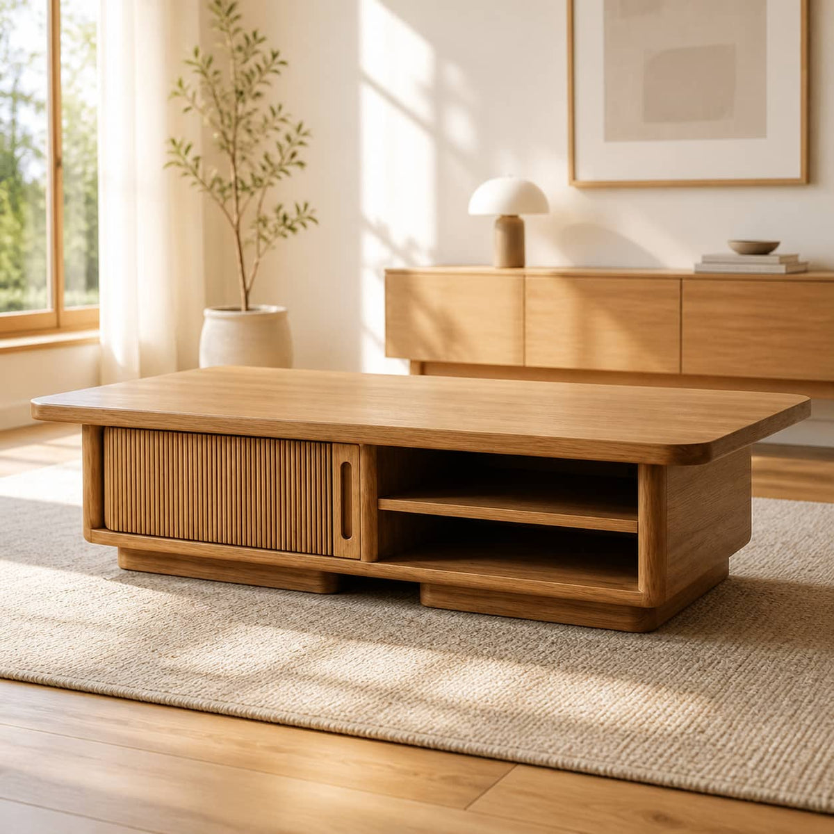 Casper Fluted-Door Solid Wood Coffee Table For Living Room