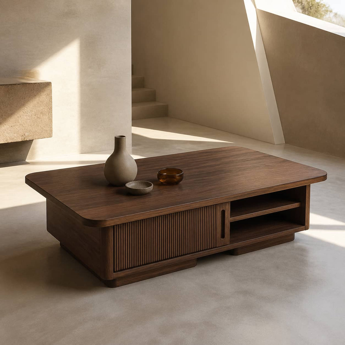 Casper Fluted-Door Solid Wood Coffee Table For Living Room