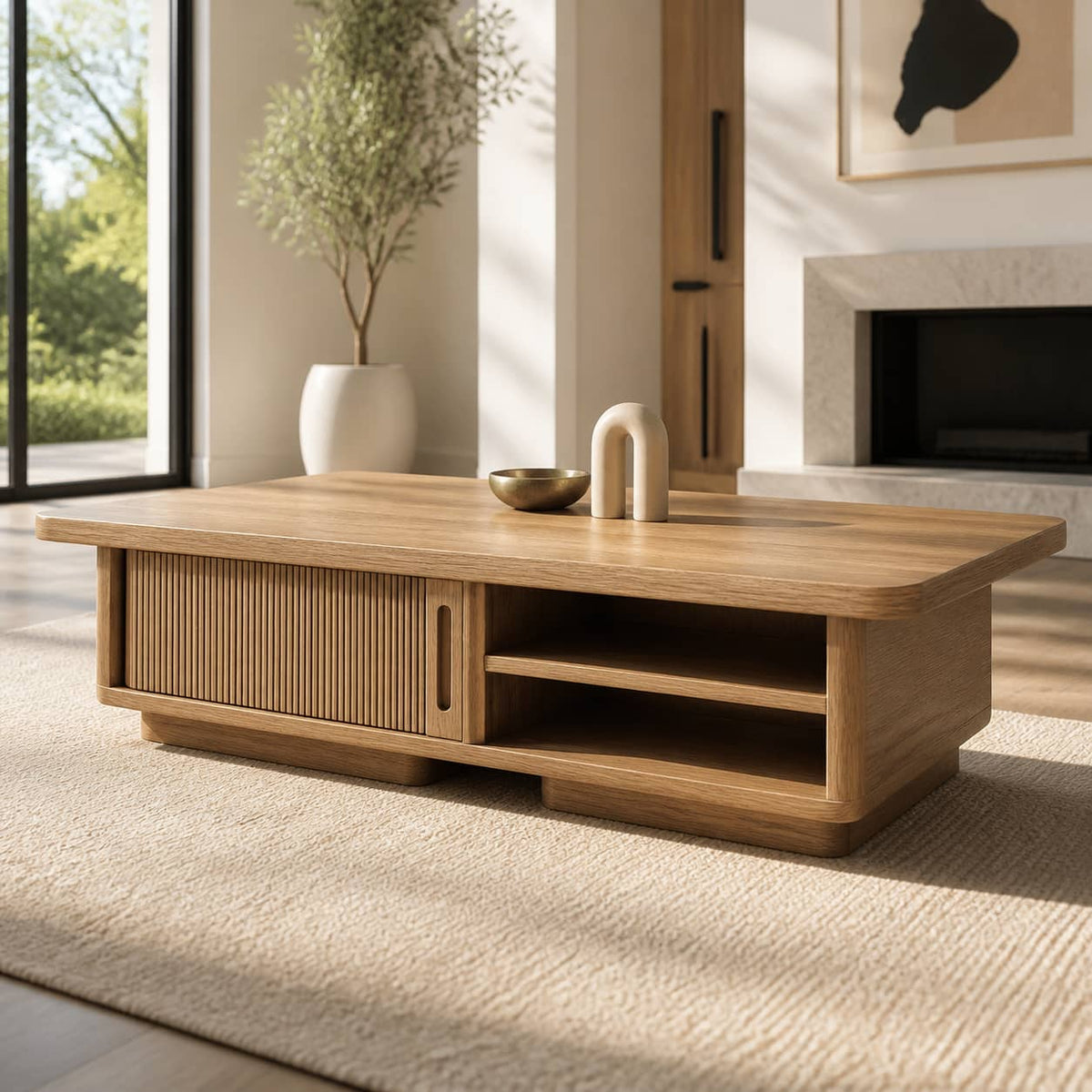 Casper Fluted-Door Solid Wood Coffee Table For Living Room