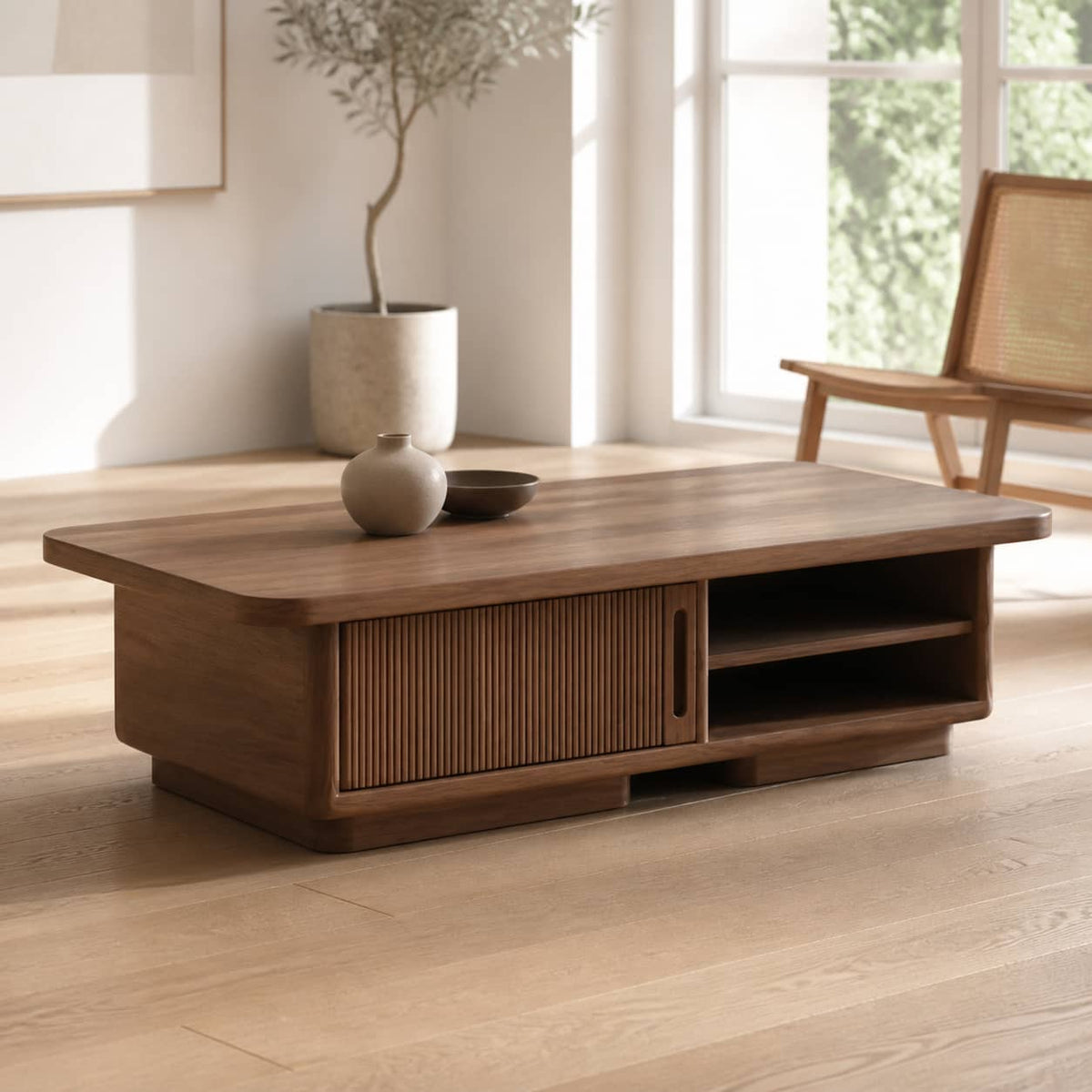 Casper Fluted-Door Solid Wood Coffee Table For Living Room