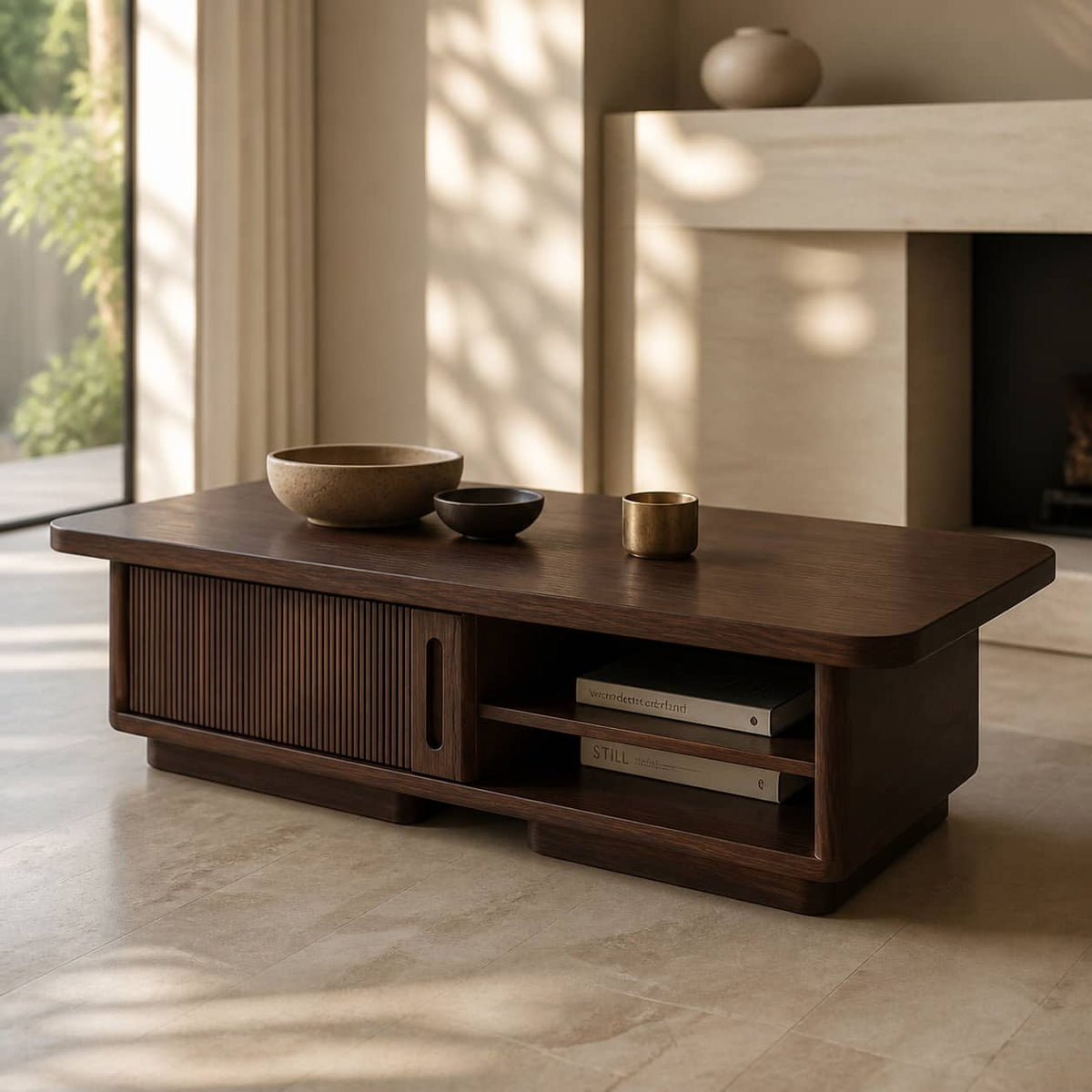Casper Fluted-Door Solid Wood Coffee Table For Living Room
