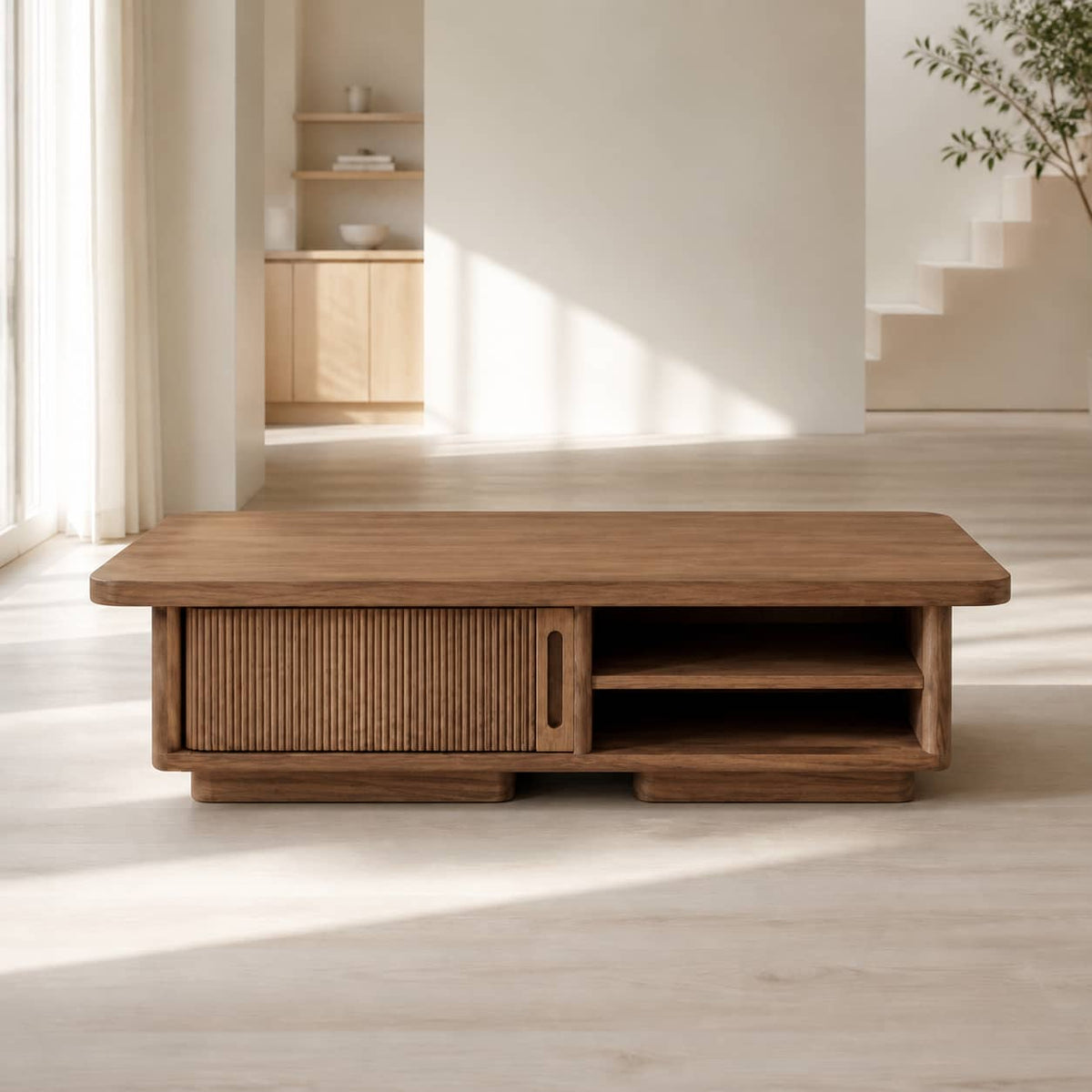 Casper Fluted-Door Solid Wood Coffee Table For Living Room