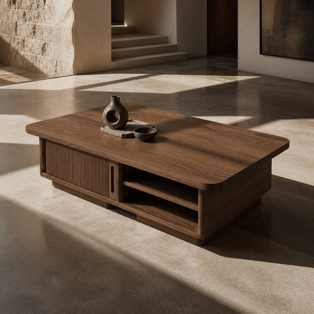 Casper Fluted-Door Solid Wood Coffee Table For Living Room