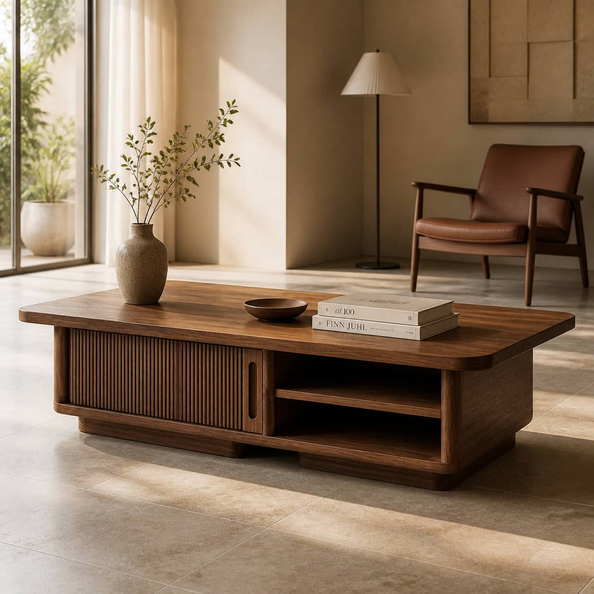 Casper Fluted-Door Solid Wood Coffee Table For Living Room