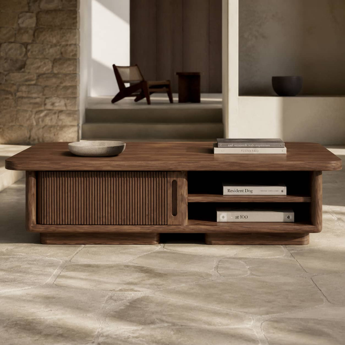 Casper Fluted-Door Solid Wood Coffee Table For Living Room