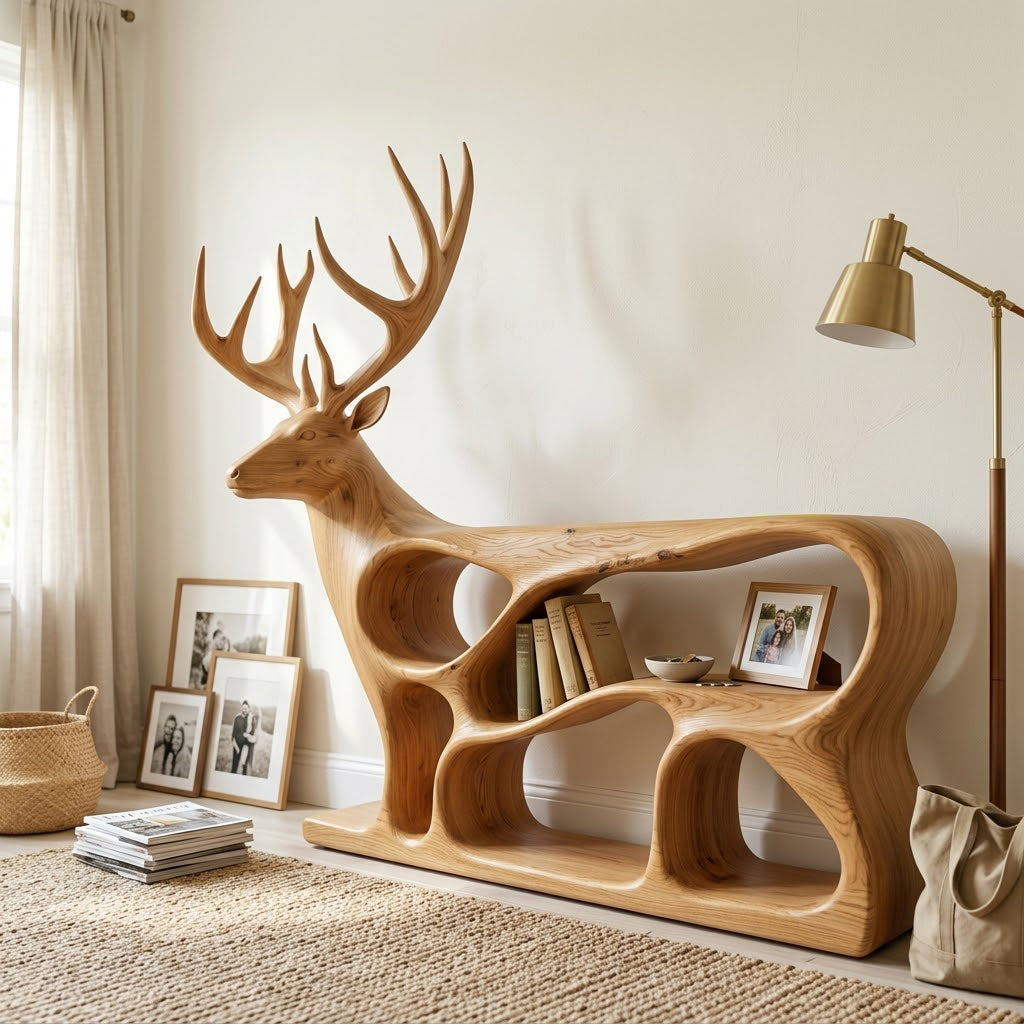 Cervine Silhouette Solid Wood Sculptural Bookcase