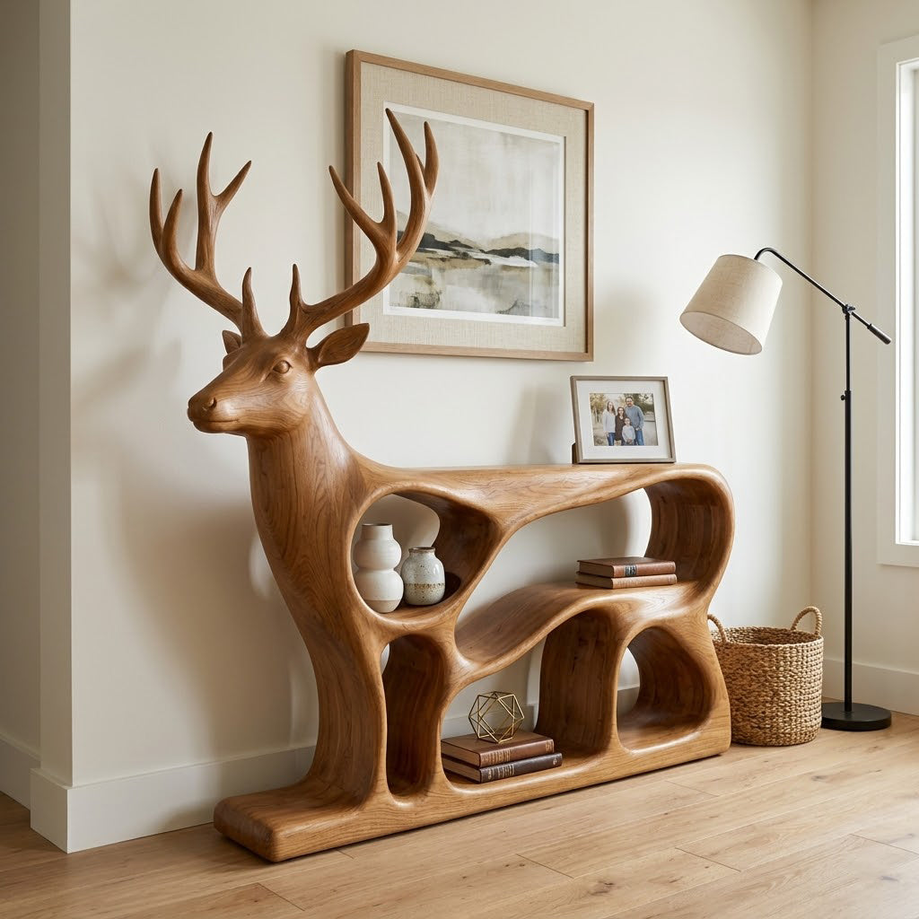 Cervine Deer Silhouette Solid Wood Bookcase For Living Room