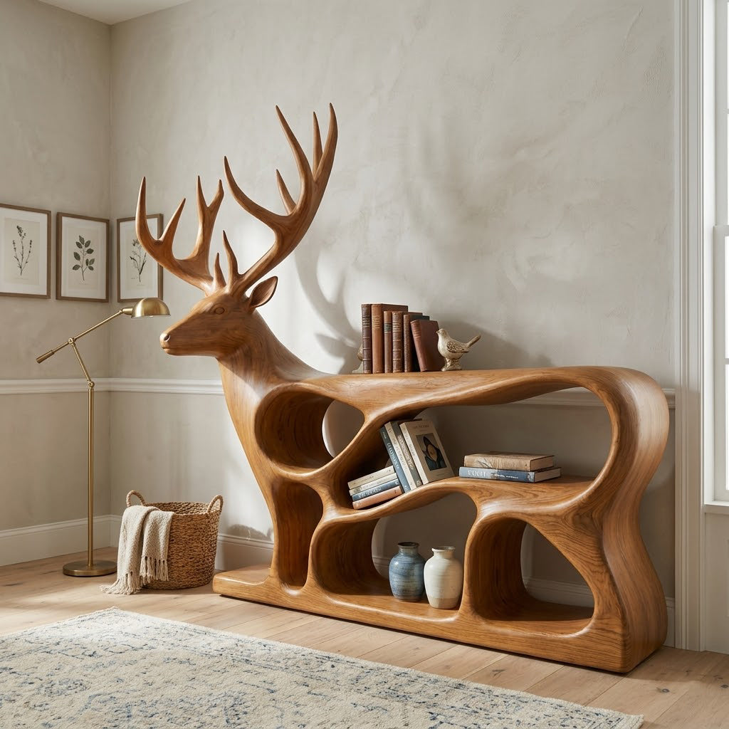 Cervine Deer Silhouette Solid Wood Bookcase For Living Room