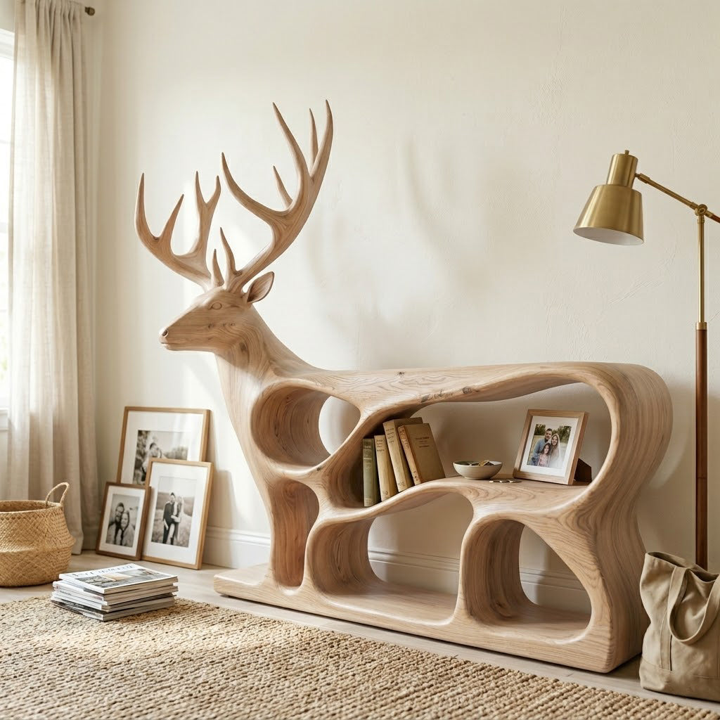 Cervine Deer Silhouette Solid Wood Bookcase For Living Room