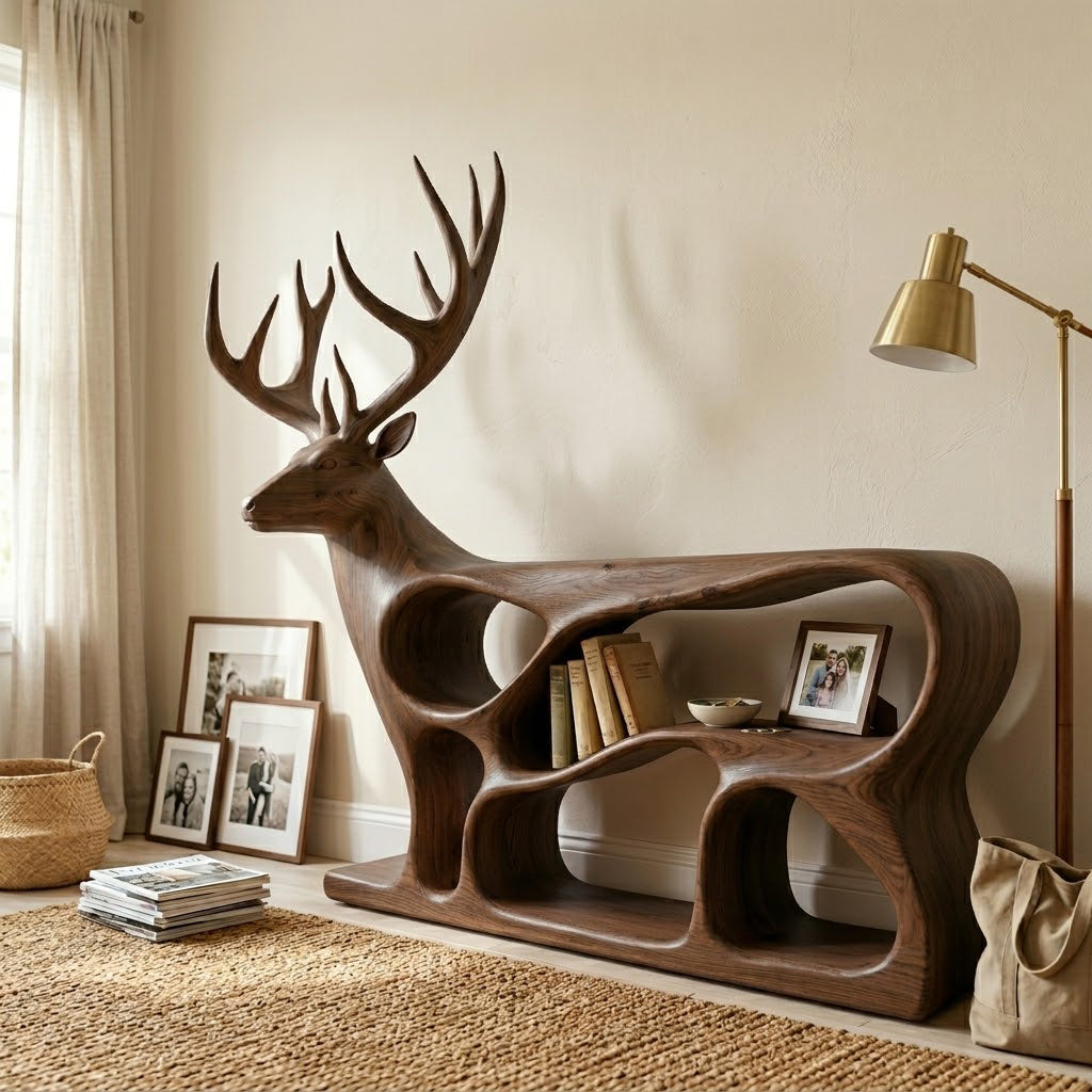 Cervine Deer Silhouette Solid Wood Bookcase For Living Room