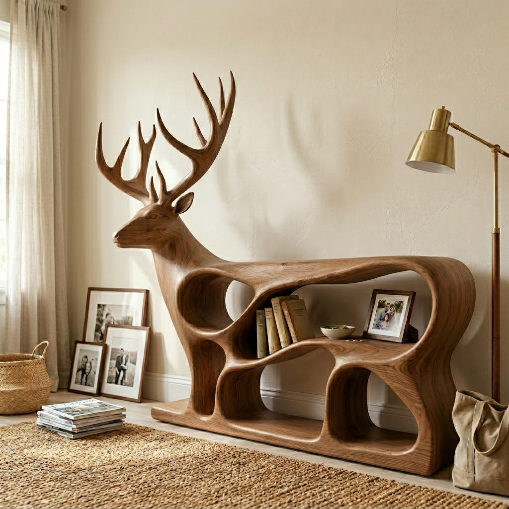 Cervine Deer Silhouette Solid Wood Bookcase For Living Room