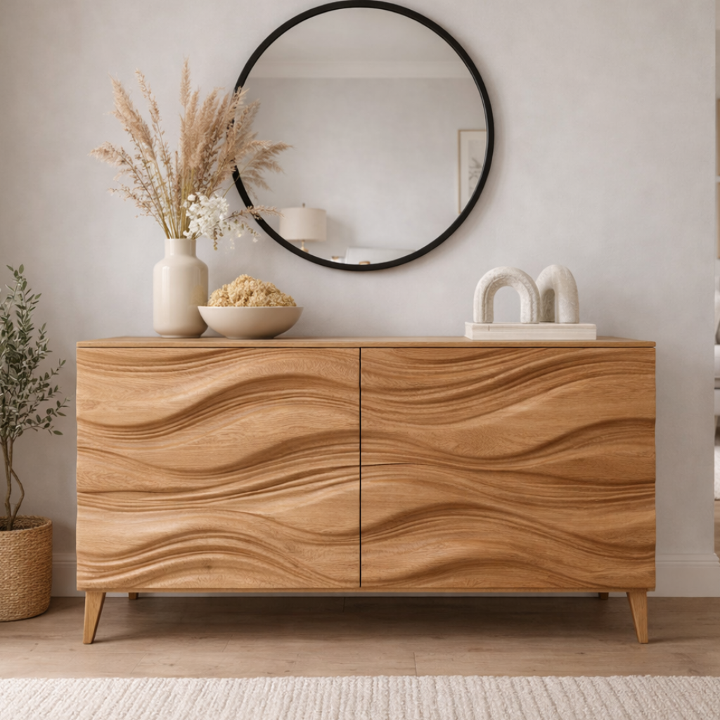 Sculptural Modern Cabinet with Flowing Wave Design and Sleek Legs