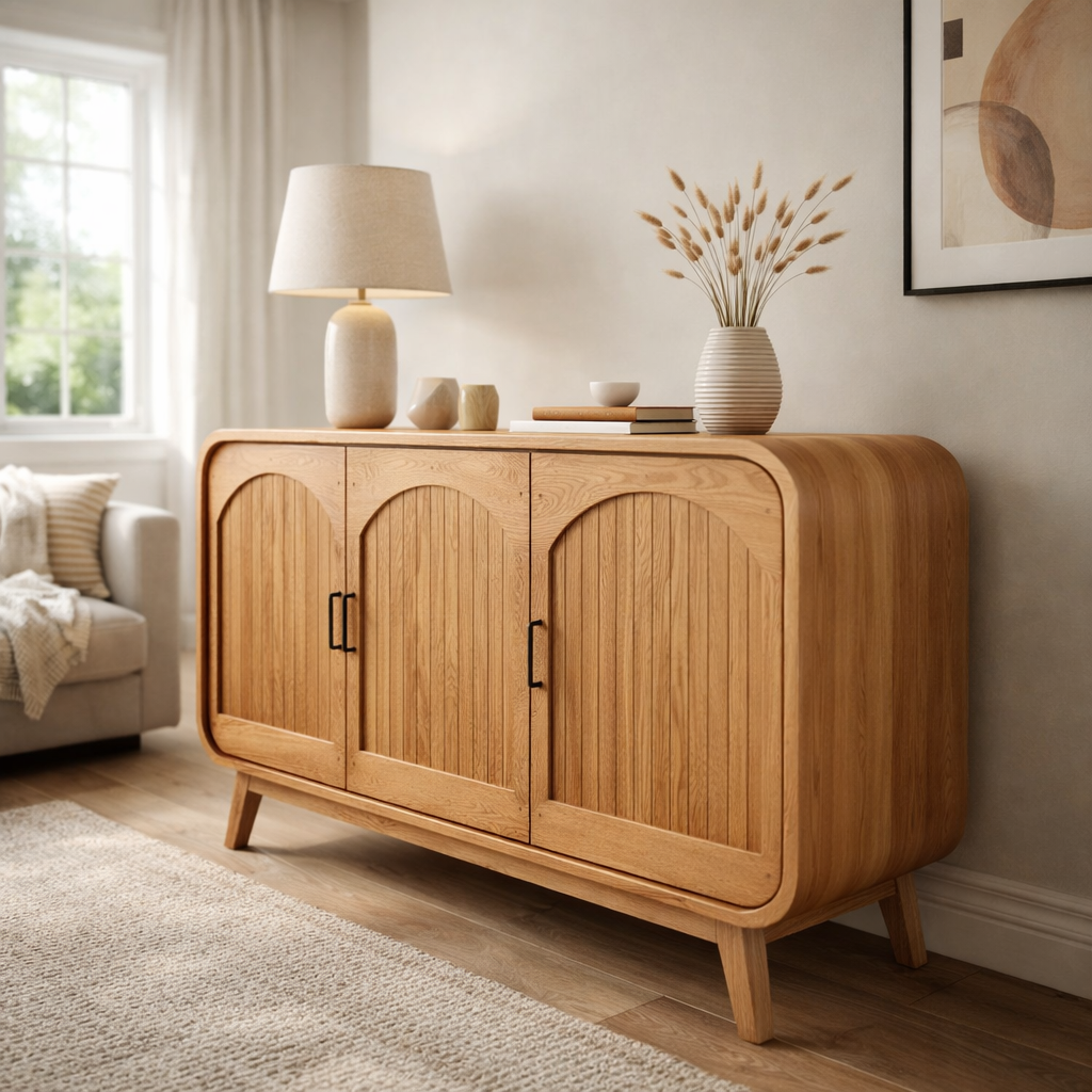 Mid-Century Modern TV Cabinet with Arched Doors and Spacious Storage