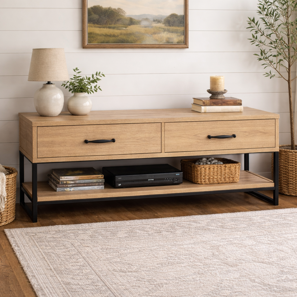 Modern TV Console with Drawers and Open Shelf for Media Storage