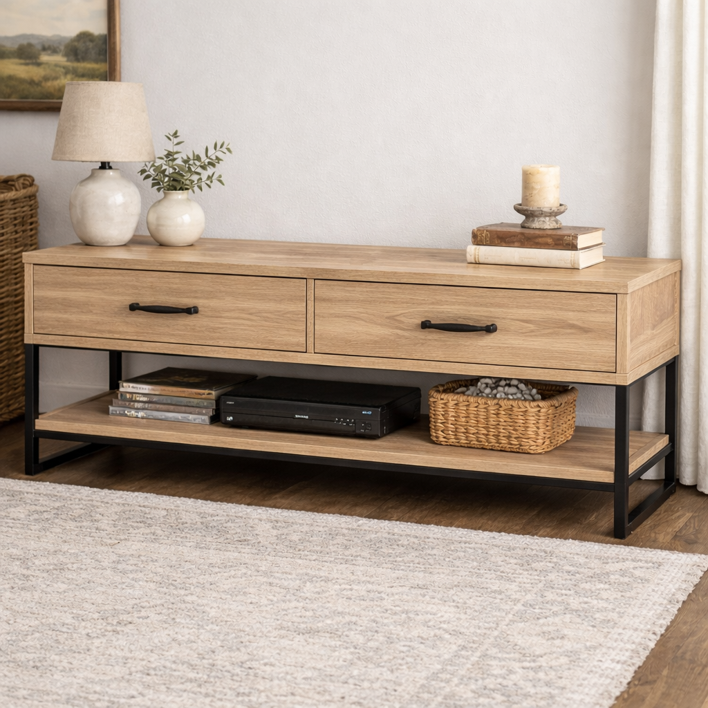 Modern TV Console with Drawers and Open Shelf for Media Storage