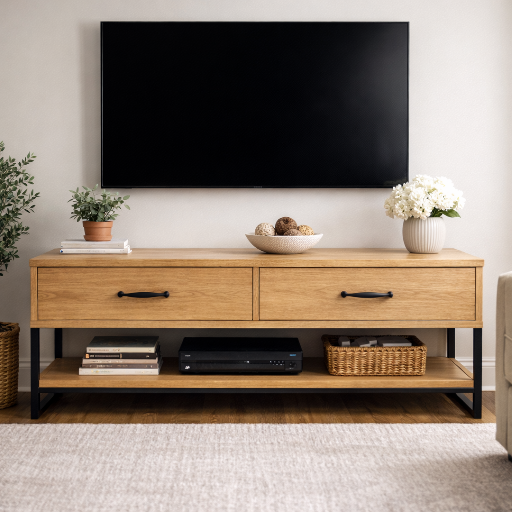 Modern TV Console with Drawers and Open Shelf for Media Storage