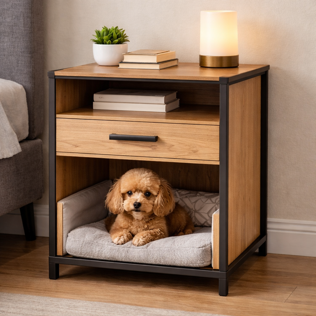 Nightstand with Built-In Pet Bed and Storage Drawer