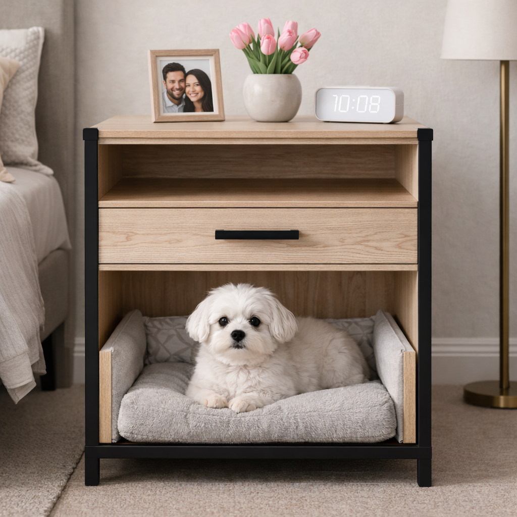 Nightstand with Built-In Pet Bed and Storage Drawer