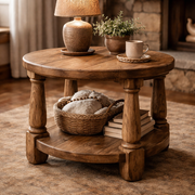 Rustic Round Side Table with Lower Storage Shelf and Sturdy Legs
