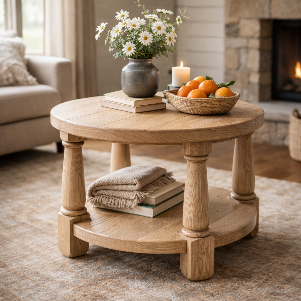 Rustic Round Side Table with Lower Storage Shelf and Sturdy Legs