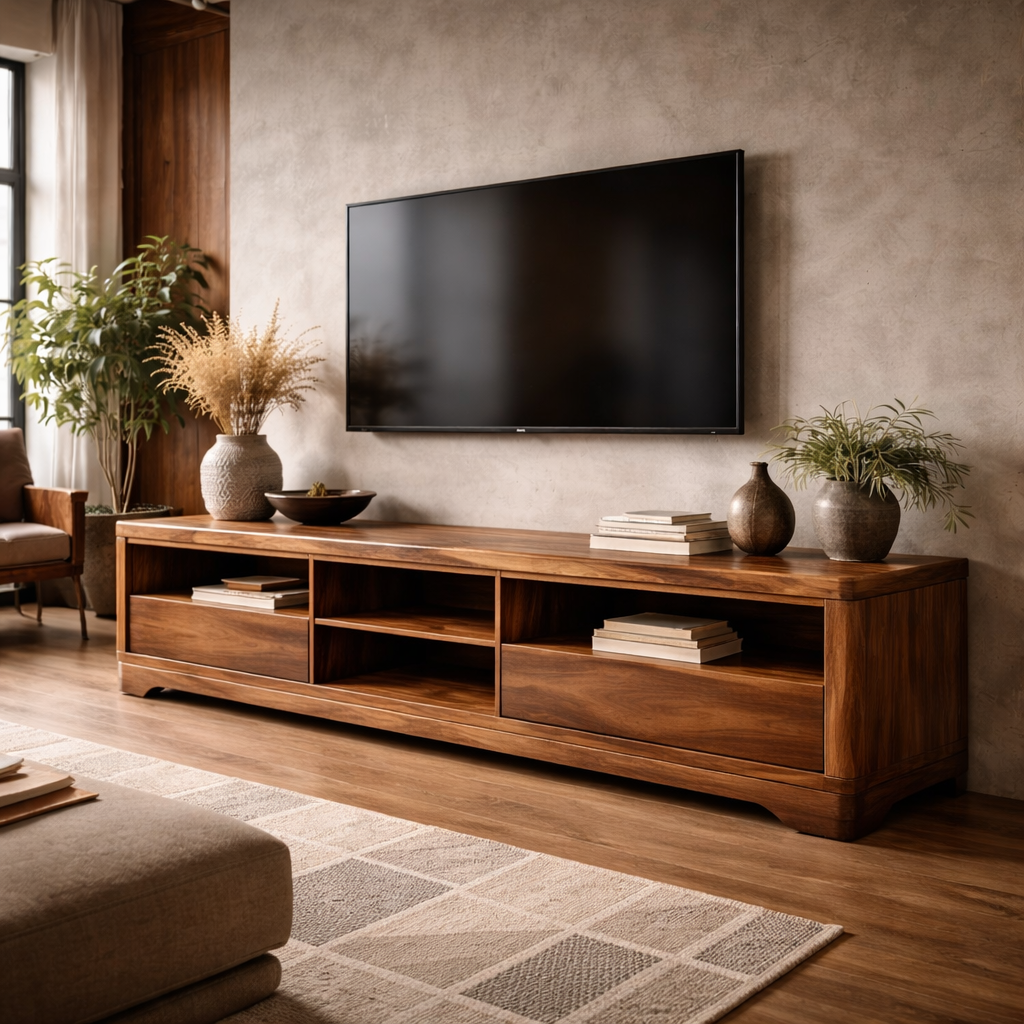 Handcrafted Solid Wood Media Console With Open Shelves And Drawers