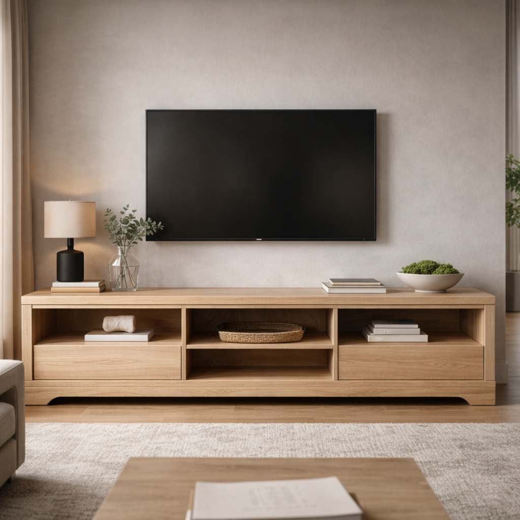 Handcrafted Solid Wood Media Console With Open Shelves And Drawers