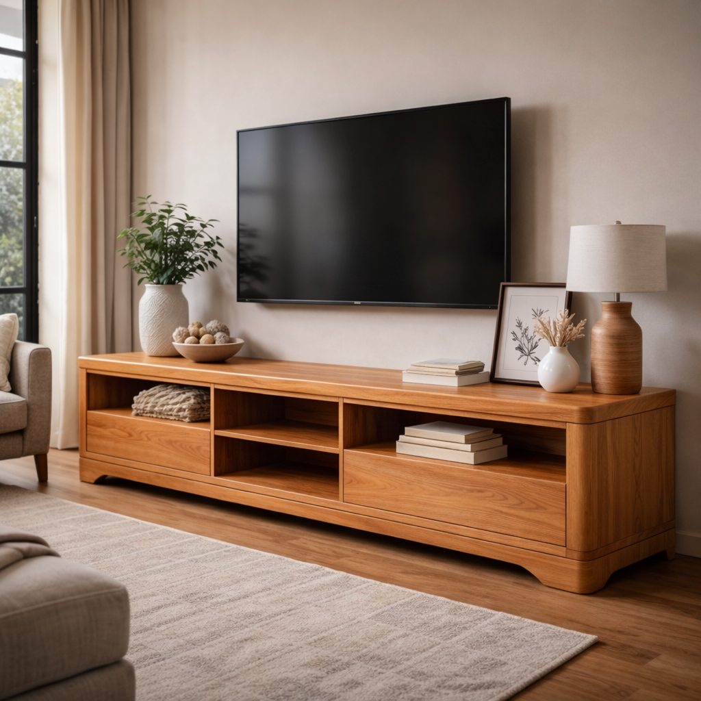 Handcrafted Solid Wood Media Console With Open Shelves And Drawers