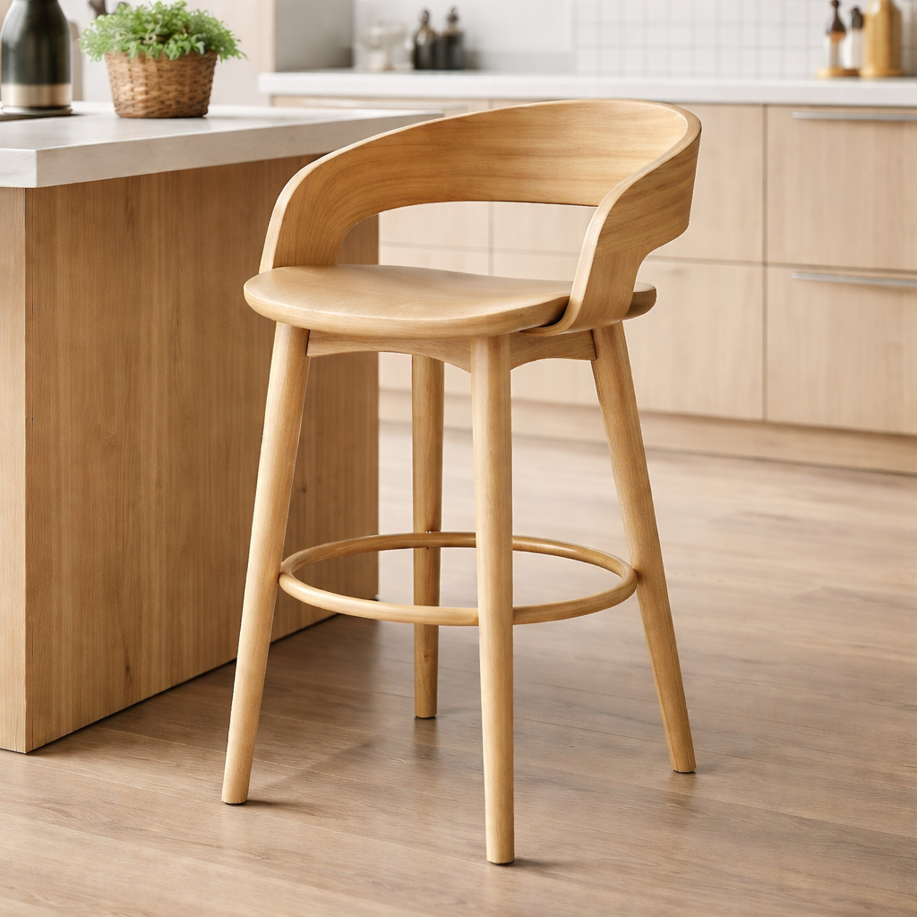 Curved Wood Bar Stool with Comfortable Backrest and Sleek Design