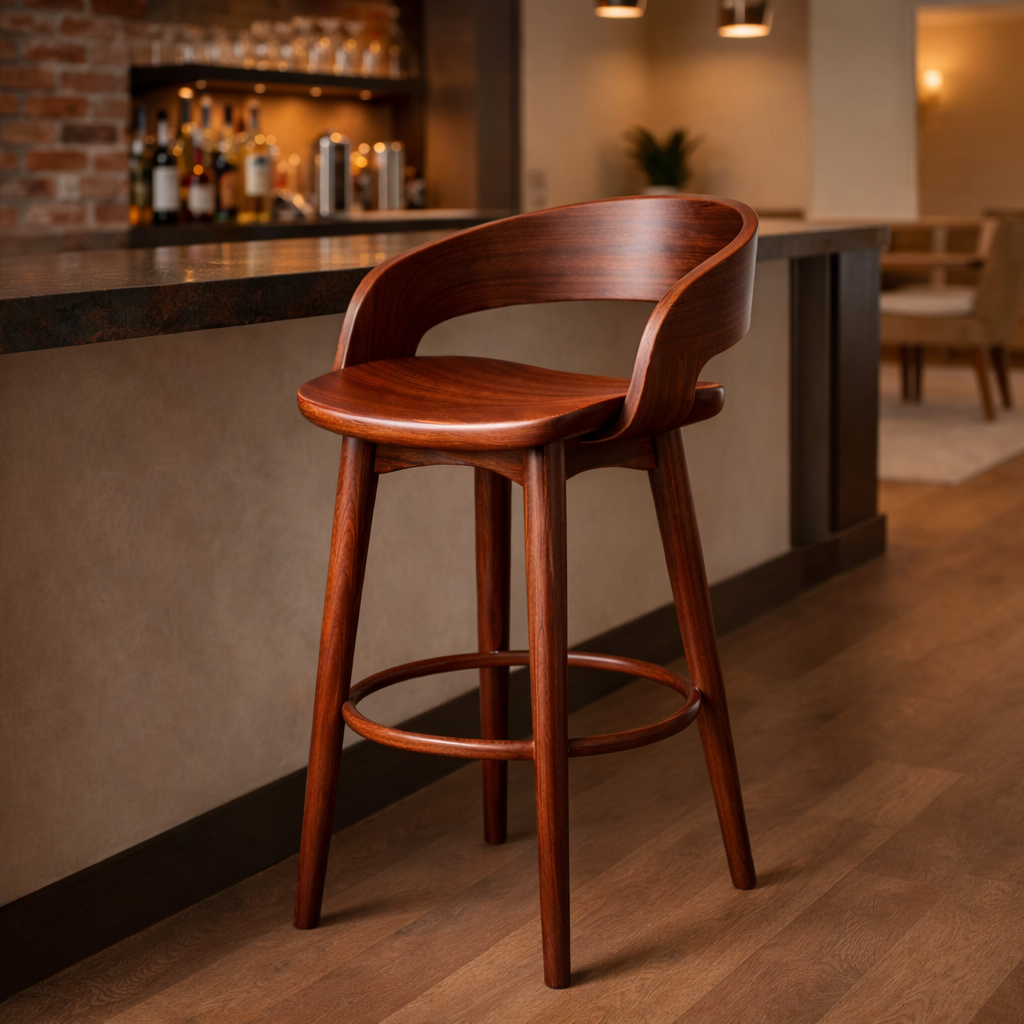 Curved Wood Bar Stool with Comfortable Backrest and Sleek Design