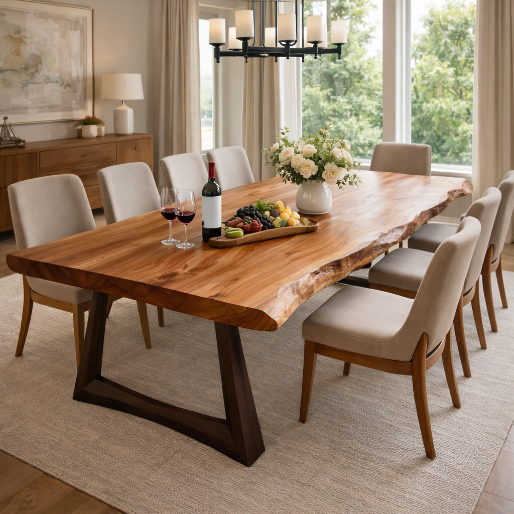 Live Edge Dining Table with Natural Wood Finish and Sleek Design