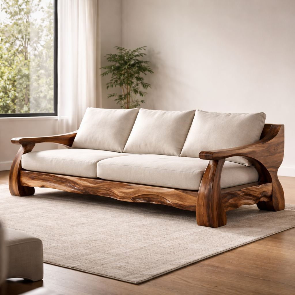 Handcrafted Solid Wood Sofa With Sculptural Frame And Cushions