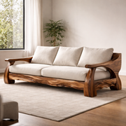Handcrafted Solid Wood Sofa With Sculptural Frame And Cushions