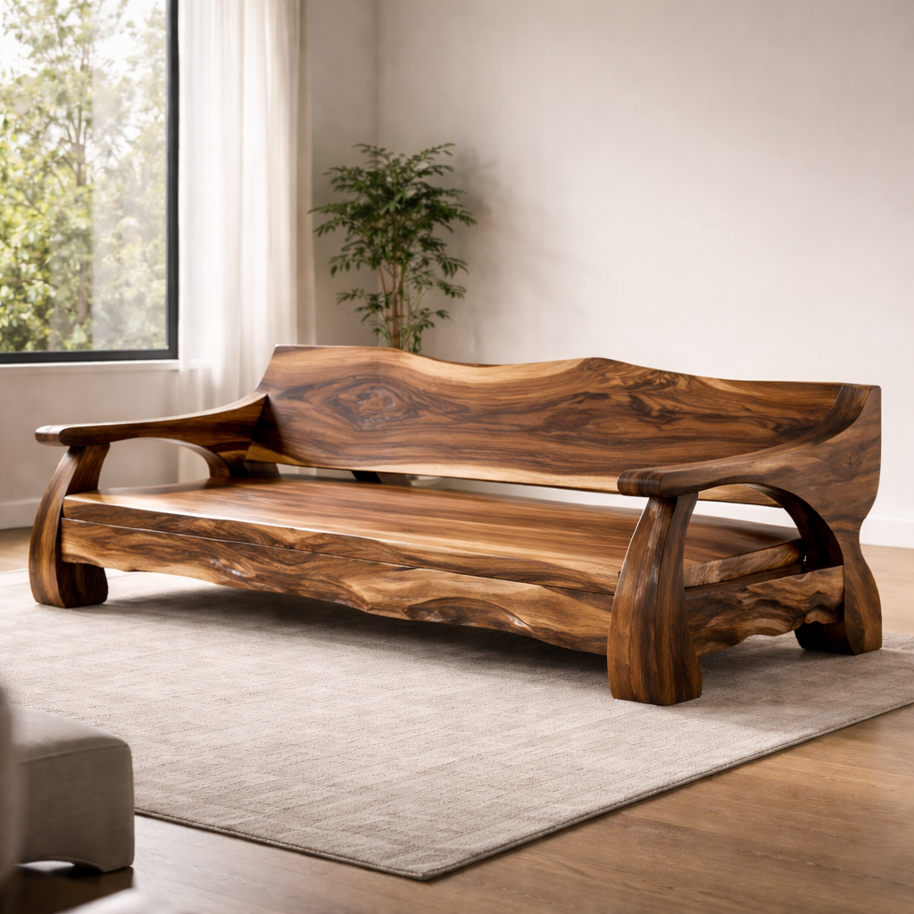 Handcrafted Solid Wood Sofa With Sculptural Frame And Cushions