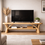 Handcrafted Solid Wood TV Stand With Sculptural Base And Shelf