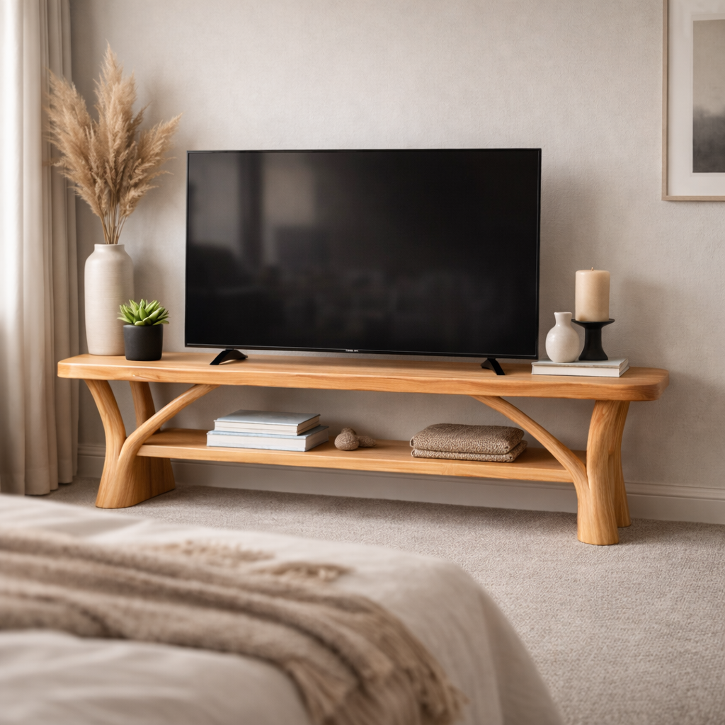 Handcrafted Solid Wood TV Stand With Sculptural Base And Shelf