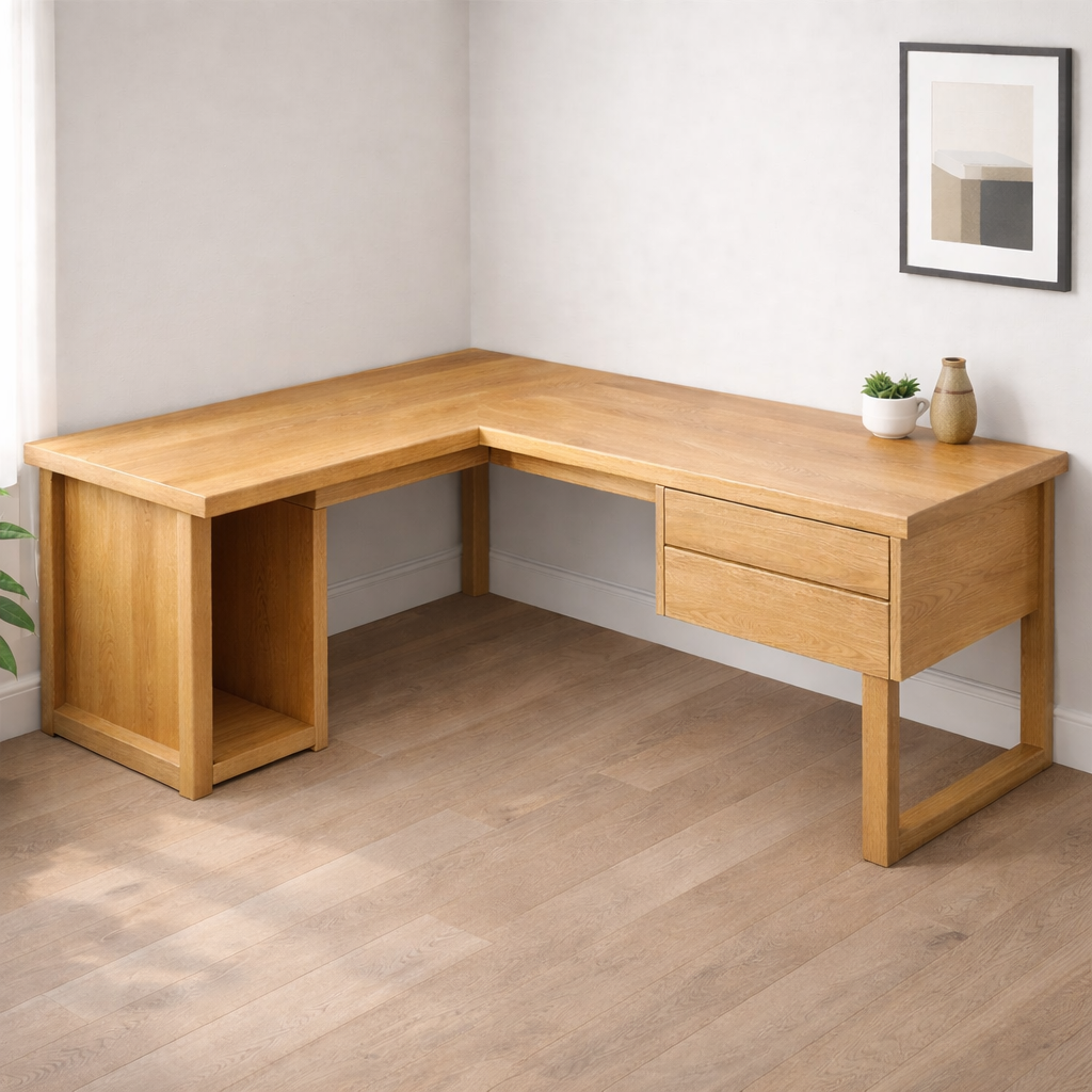 Handcrafted Solid Wood L Shaped Corner Desk With Drawers