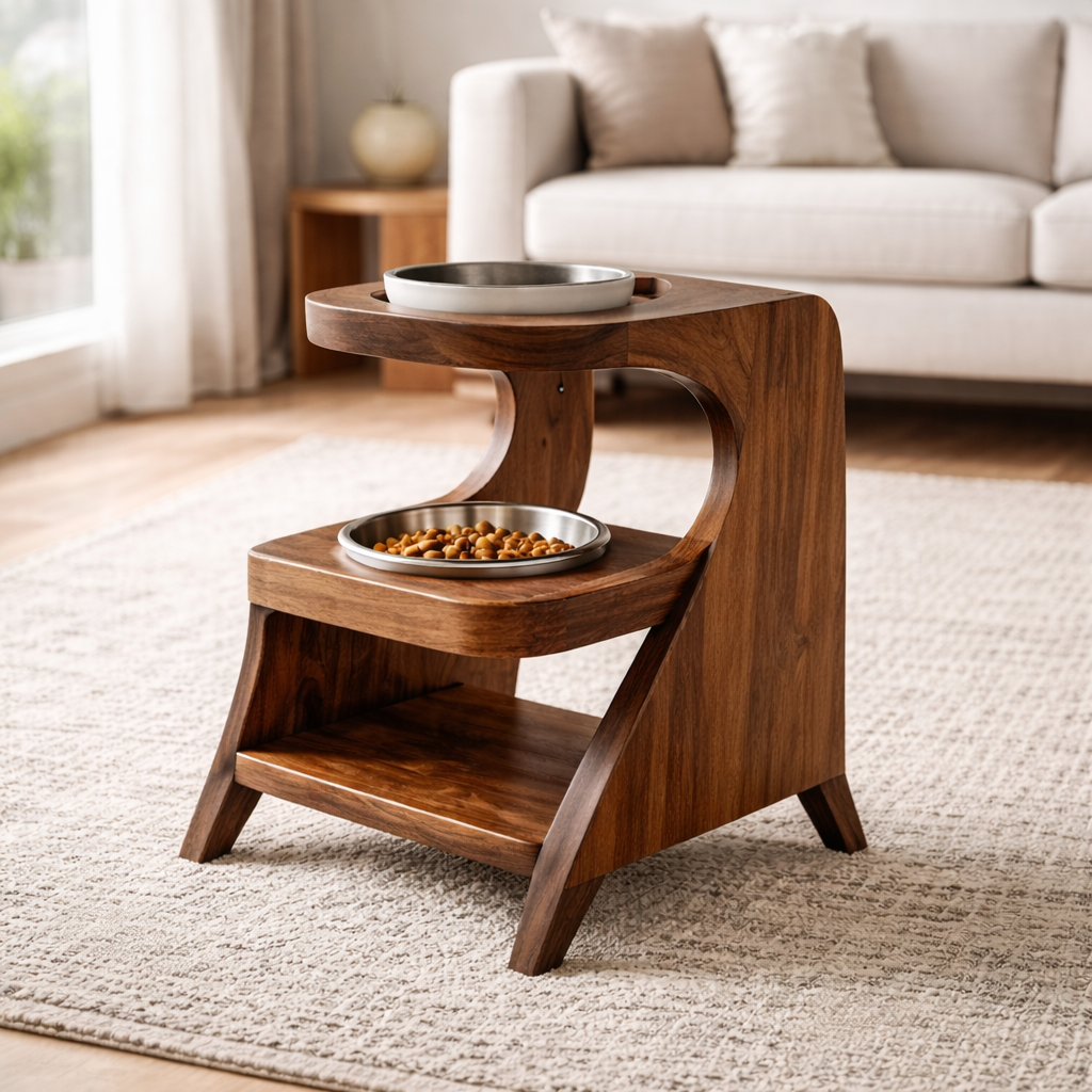 Handcrafted Solid Wood Elevated Dog Bowl Holder With Storage Shelf