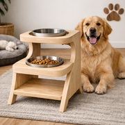 Handcrafted Solid Wood Elevated Dog Bowl Holder With Storage Shelf