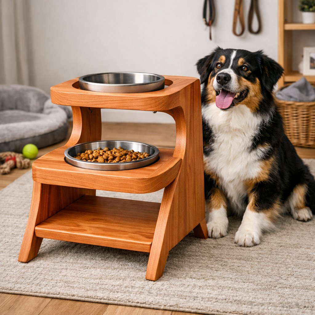 Handcrafted Solid Wood Elevated Dog Bowl Holder With Storage Shelf