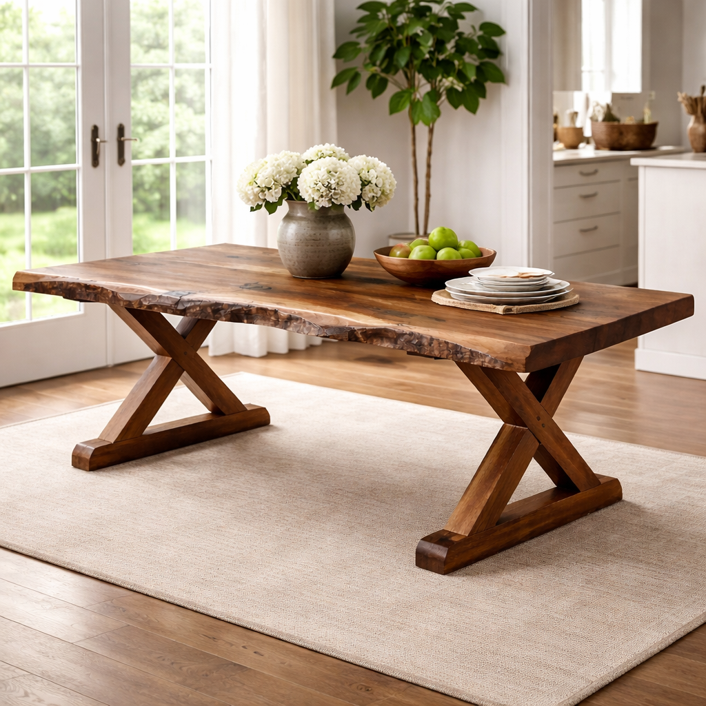 Handcrafted Solid Wood Live Edge Dining Table With X-Leg Base