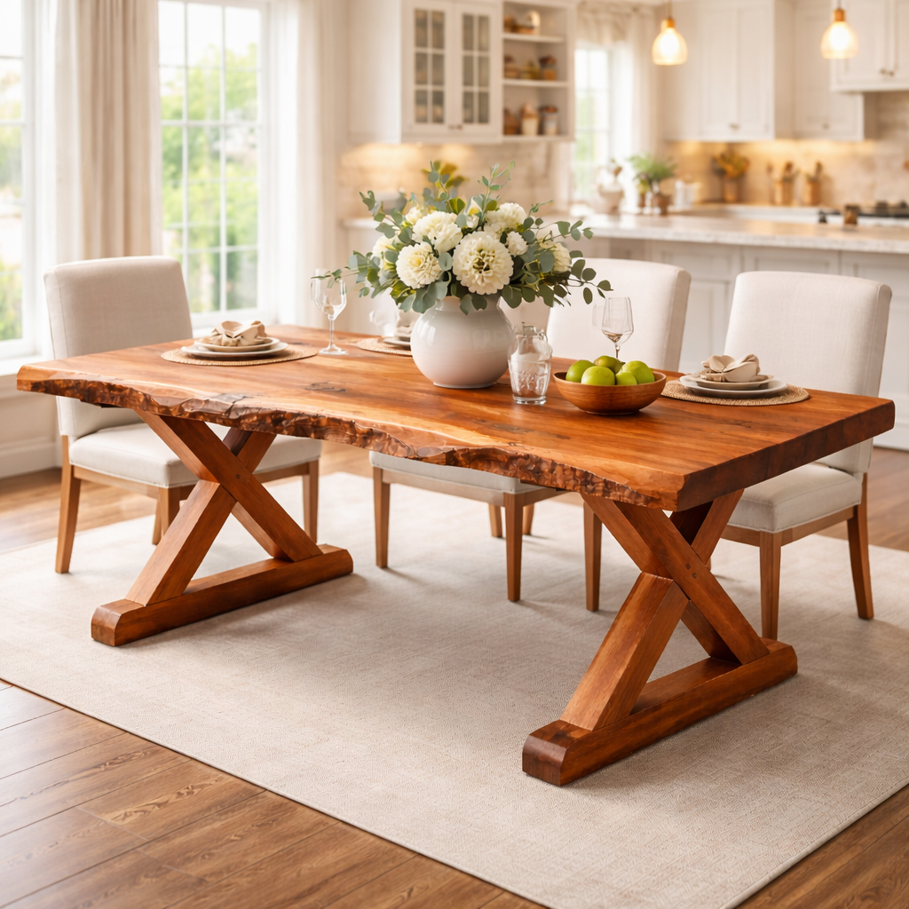Handcrafted Solid Wood Live Edge Dining Table With X-Leg Base