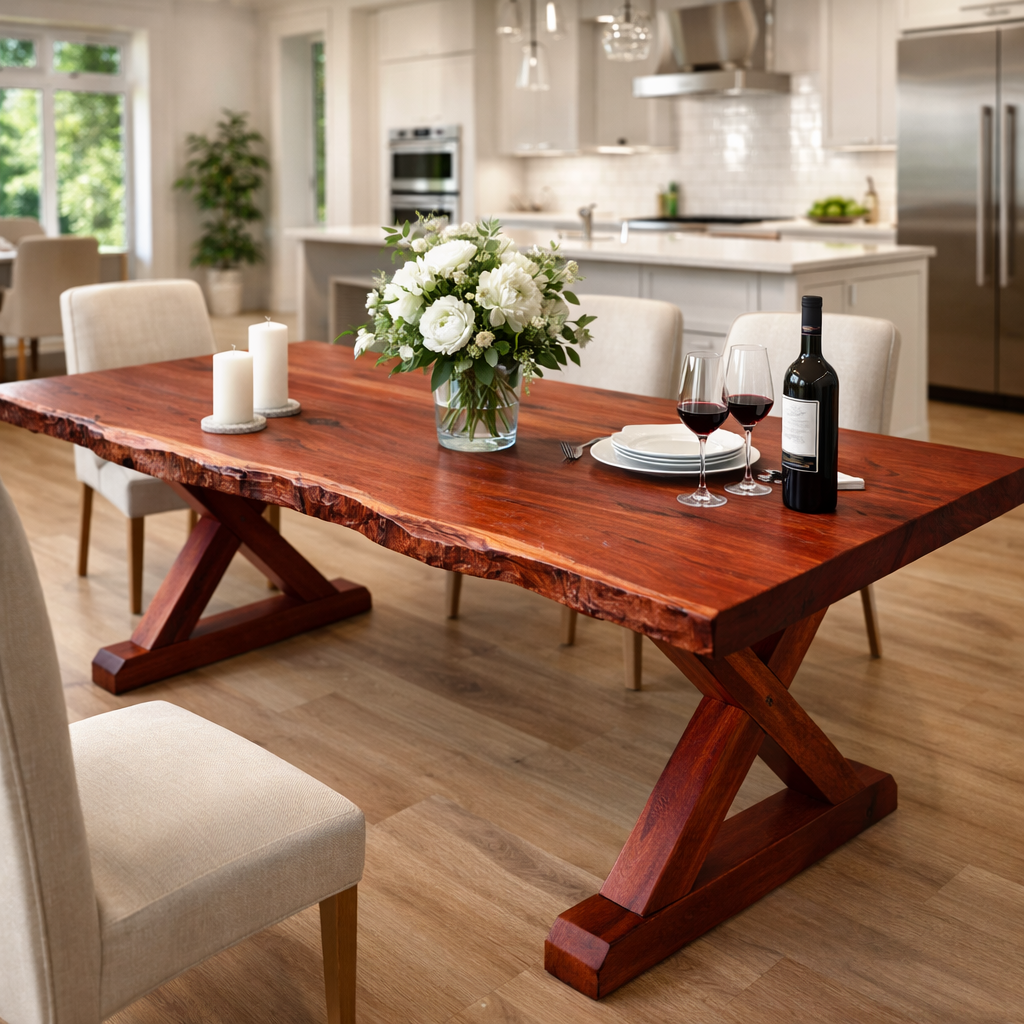 Handcrafted Solid Wood Live Edge Dining Table With X-Leg Base