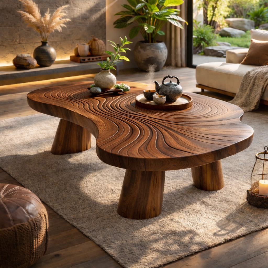 Handcrafted Solid Wood Coffee Table With Sculptural Wave Design