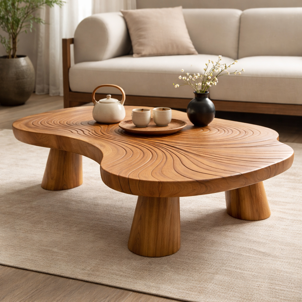 Handcrafted Solid Wood Coffee Table With Sculptural Wave Design