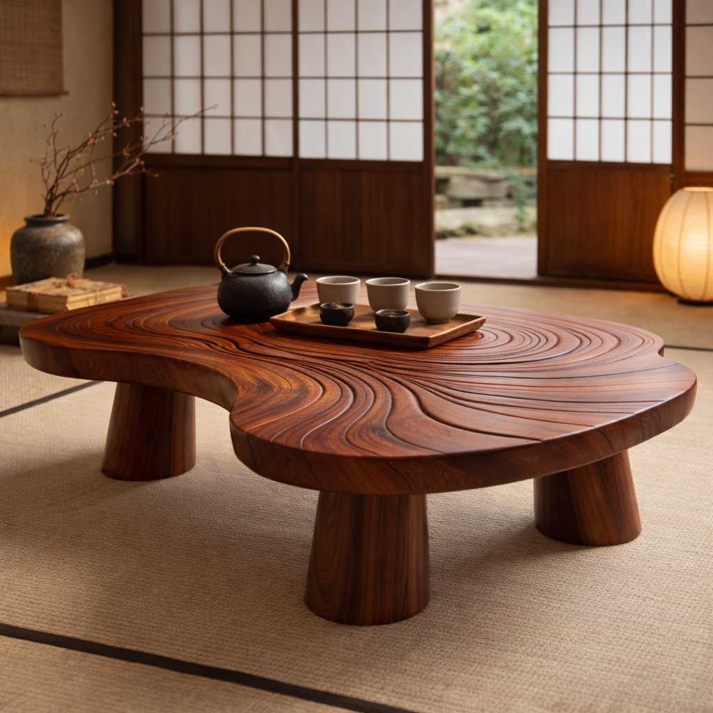 Handcrafted Solid Wood Coffee Table With Sculptural Wave Design