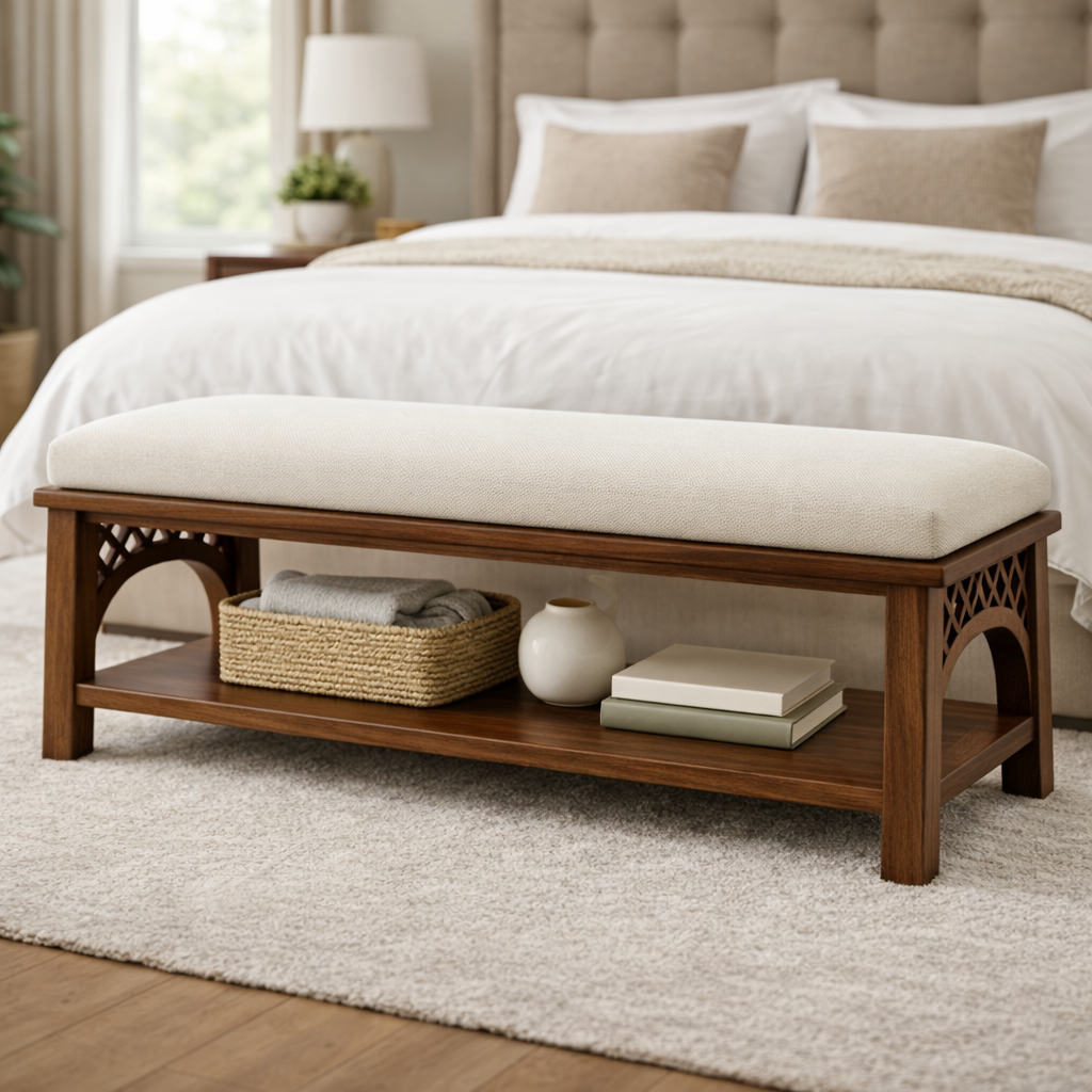 Handcrafted Solid Wood Bench With Cushion And Open Shelf