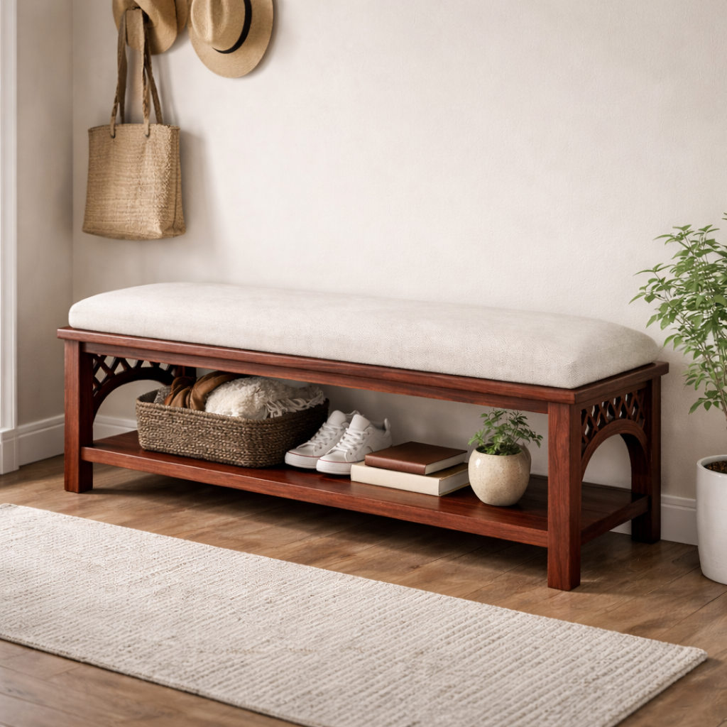 Handcrafted Solid Wood Bench With Cushion And Open Shelf